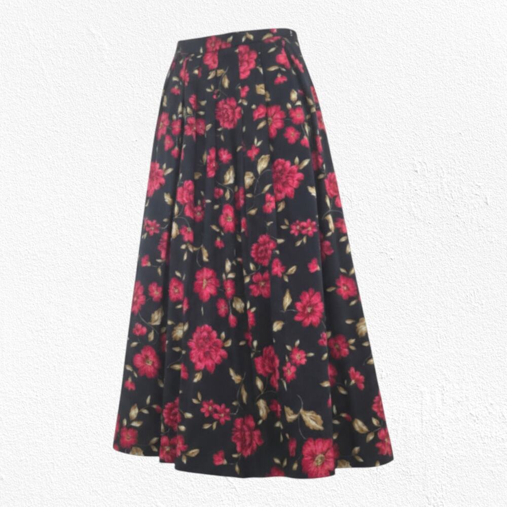 Vintage 90s Worthington Black Red Floral Rayon Midi Skirt Size 10P Made in USA
